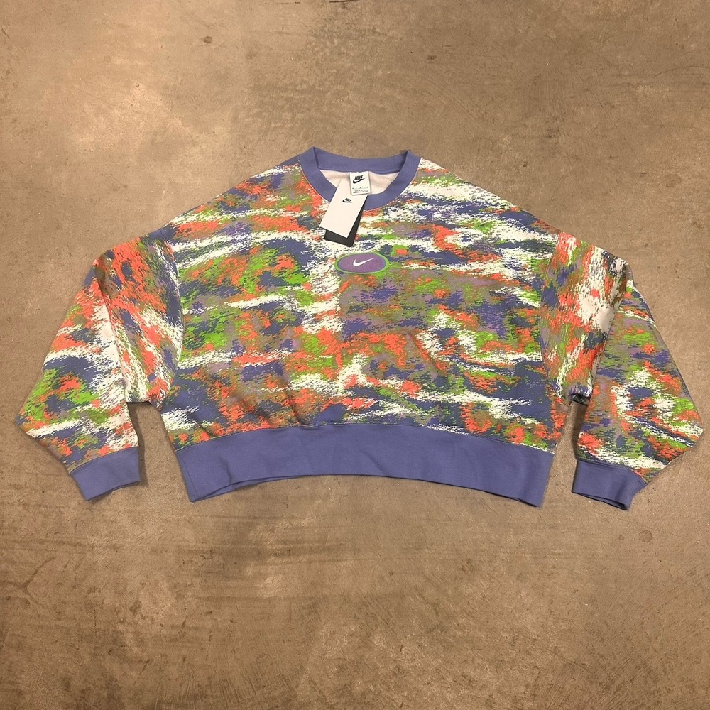 Nike Sweatshirt Womens M Blue Oversized Cropped Abstract Fleece DQ3586-450